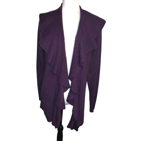 Karen Scott Womens XL ribbed cascading ruffle collar knit open cardigan purple - Picture 1 of 8